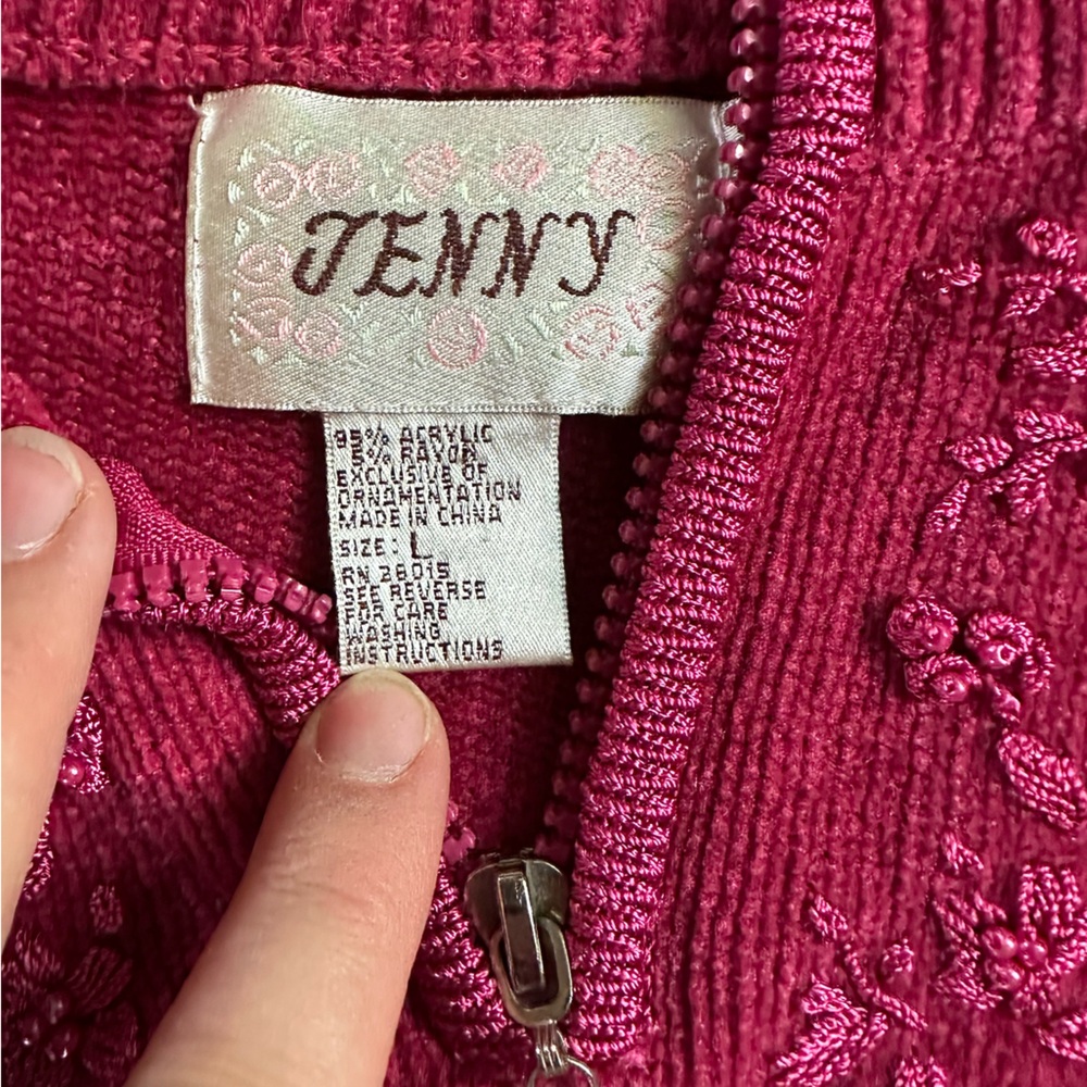 Vintage Raspberry Pink Women's Embroidered Quarter Zip Sweater - Picture 2 of 11